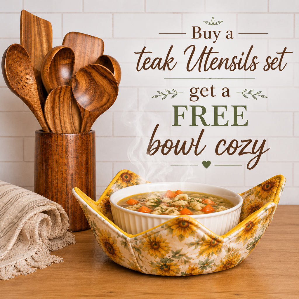 Teak Wood Handmade Kitchen Utensil Set with Holder | 7-Piece | Includes FREE Handmade Bowl Cozy