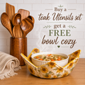 Teak Wood Handmade Kitchen Utensil Set with Holder | 7-Piece | Includes FREE Handmade Bowl Cozy