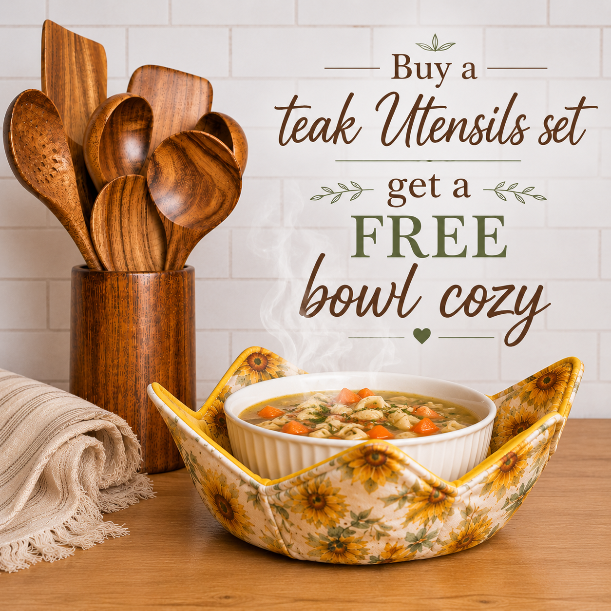 Teak Wood Handmade Kitchen Utensil Set with Holder | 7-Piece | Includes FREE Handmade Bowl Cozy