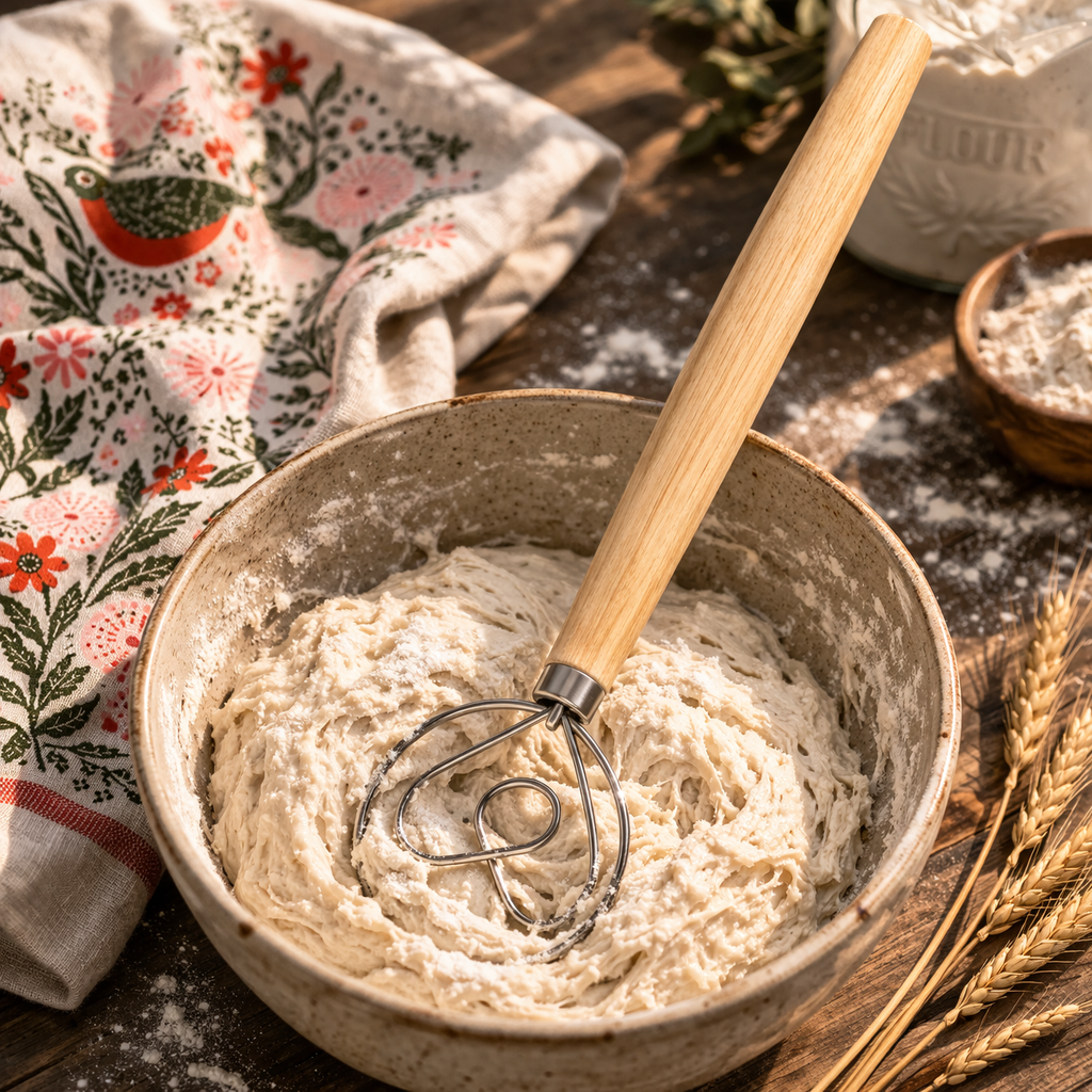 13" Danish Dough Whisk with Wood Handle – Heart-Shaped Artisan Bread Tool