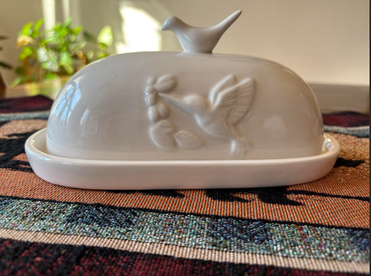 White Porcelain Butter Dish with Hummingbird Detail