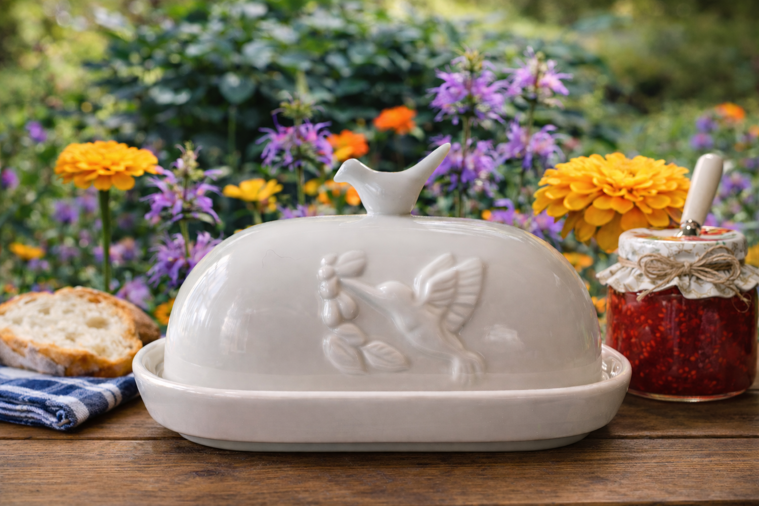White Porcelain Butter Dish with Hummingbird Detail